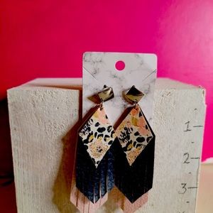 Hand-made earrings: Faux-leather pink and black fringe with leather animal print